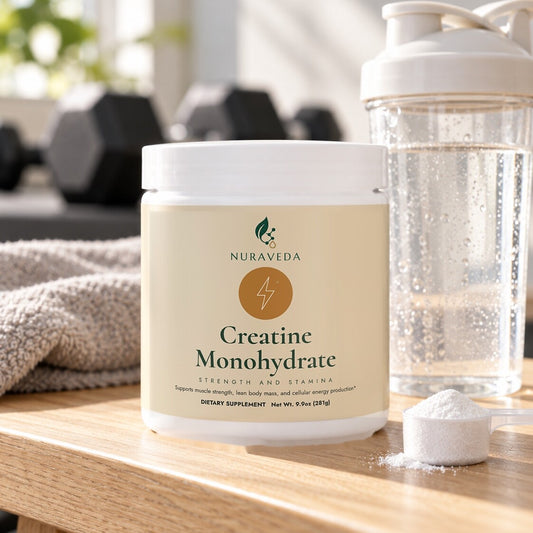 Nuraveda Creatine Monohydrate with dumbbells and a shaker bottle