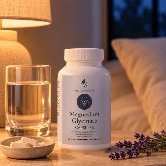 Nuraveda Magnesium Glycinate with a glass of water and lavender by the bed
