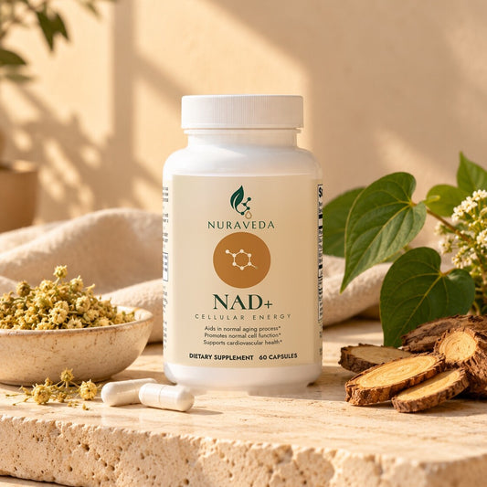 Nuraveda NAD+ with chamomile flowers and fresh roots