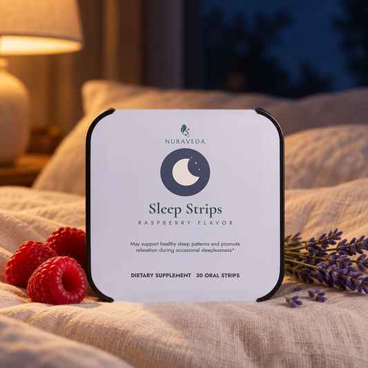 Nuraveda Sleep Strips on a bed with lavender and raspberries