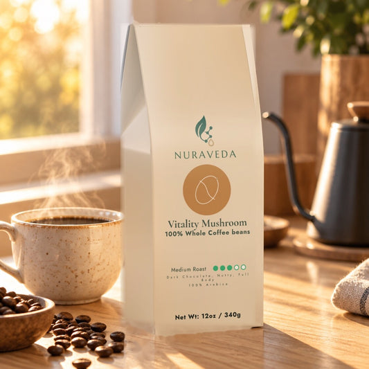 Nuraveda Vitality Mushroom Coffee (Medium Roast) with a cup of coffee and a pour over kettle